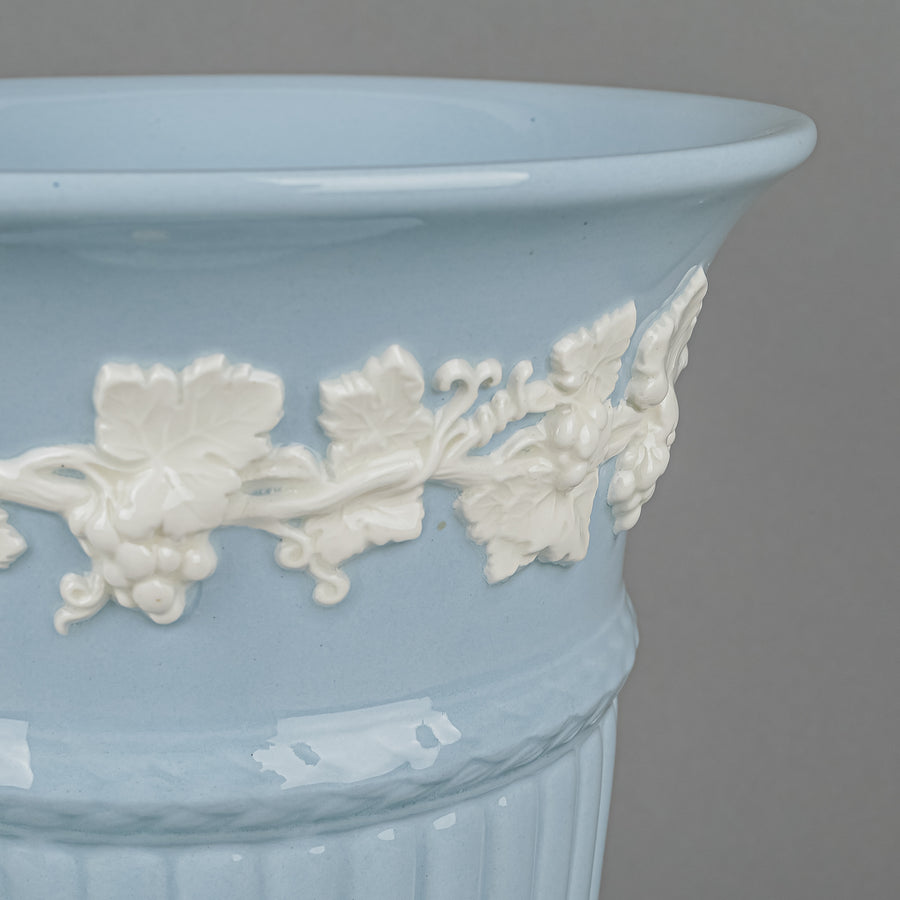 WEDGWOOD White On Blue Embossed Queens Ware Trumpet Vase