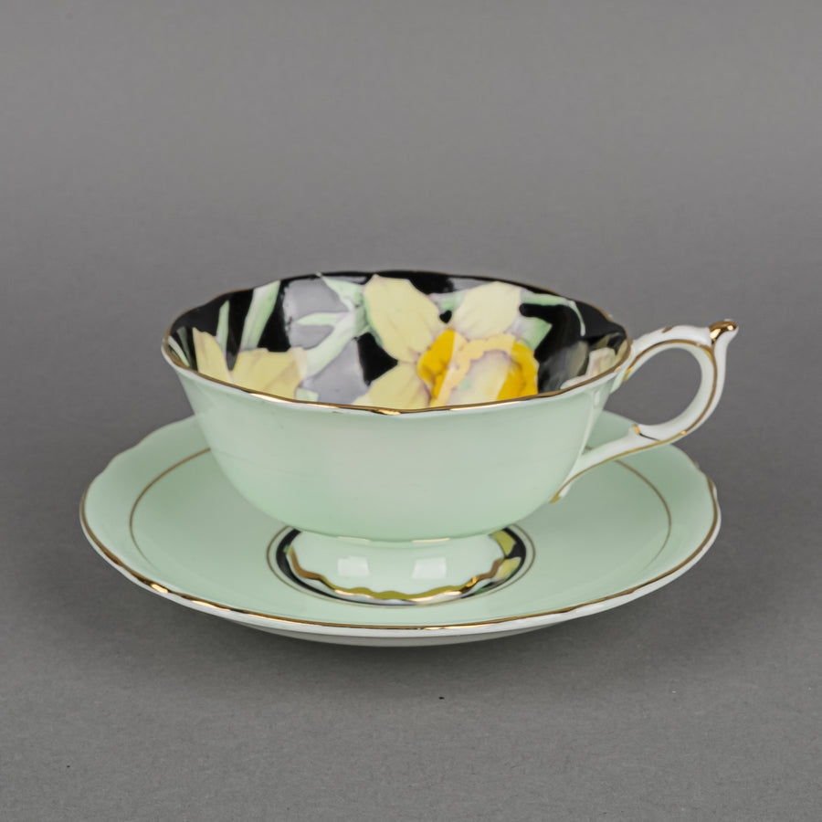PARAGON Cup And Saucer G7600 Hand Painted Daffodil On Black, Mint Ground