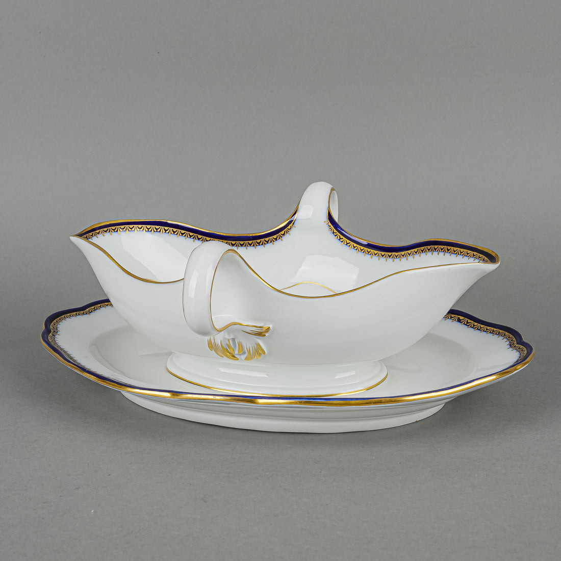 MEISSEN Cobalt & Gold Edge Gravy Boat With Fixed Saucer