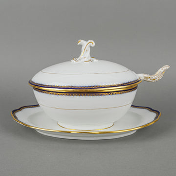 MEISSEN Cobalt & Gold Edge Covered Sauce Boat WithFixed Saucer & Ladle