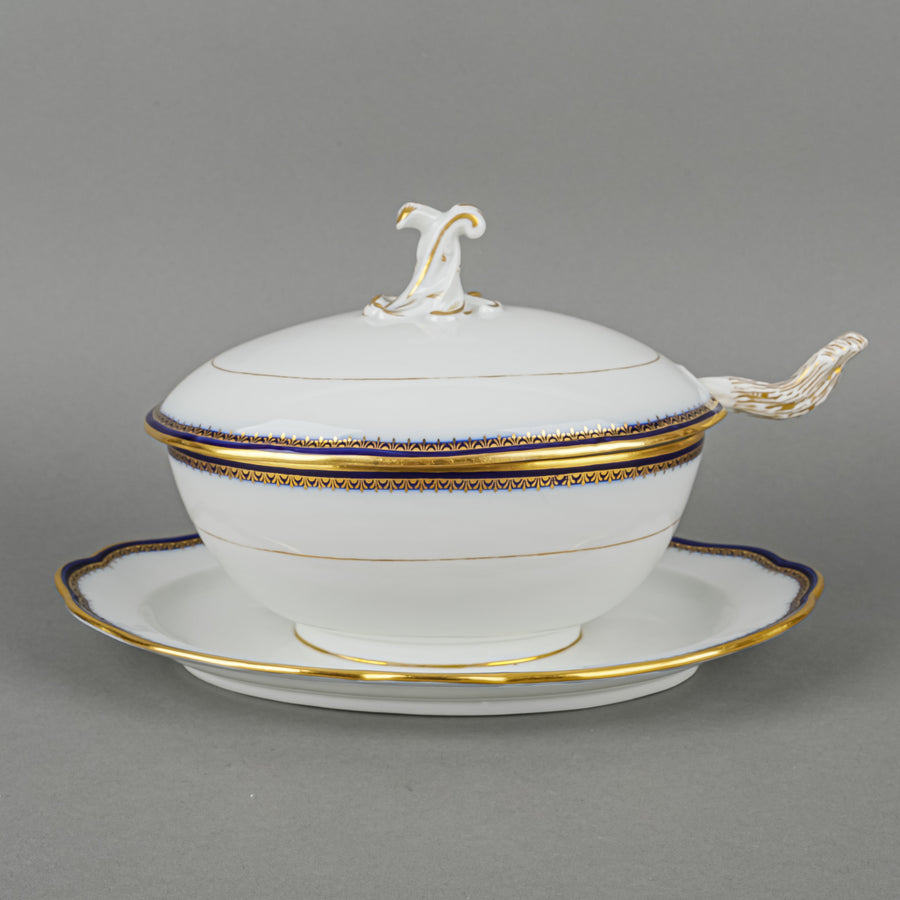MEISSEN Cobalt & Gold Edge Covered Sauce Boat WithFixed Saucer & Ladle