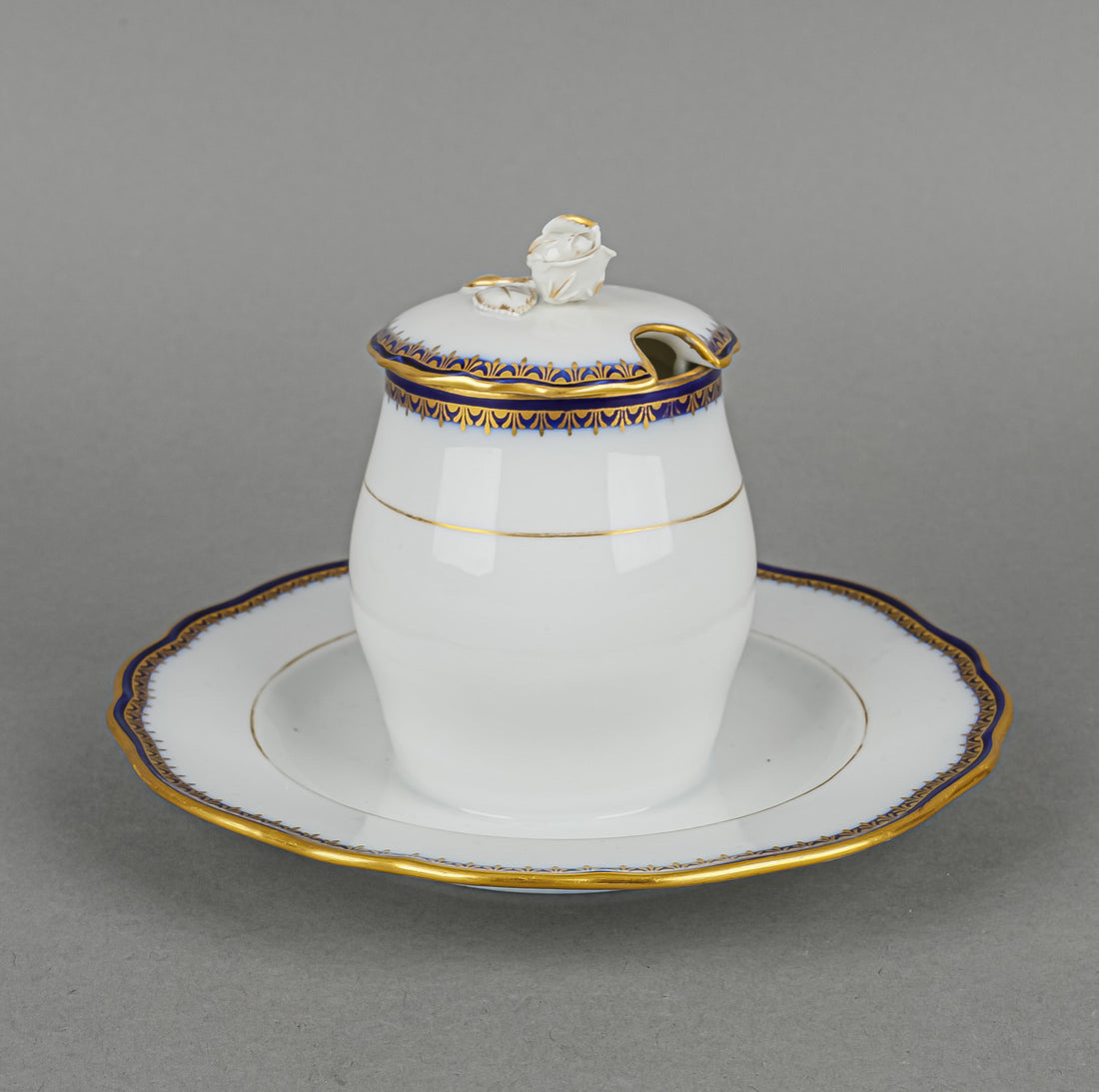 MEISSEN Cobalt & Gold Edge Covered Mustard Pot With Fixed Sauce