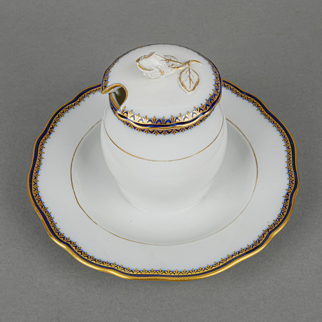 MEISSEN Cobalt & Gold Edge Covered Mustard Pot With Fixed Sauce