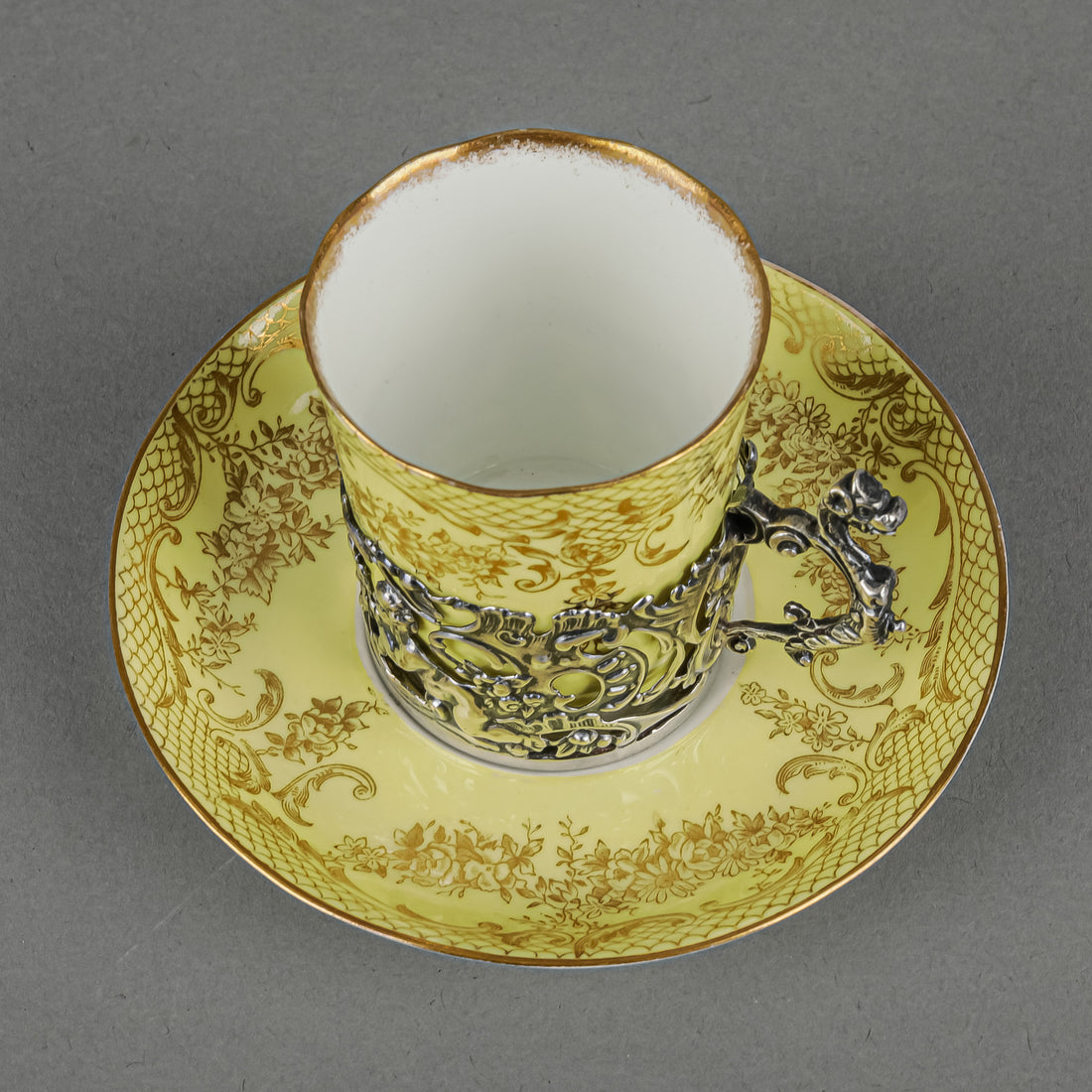 CROWN STAFFORDSHIRE & WM COMMYNS & SONS Egg Shell Cup & Saucer With Sterling Cup Holder