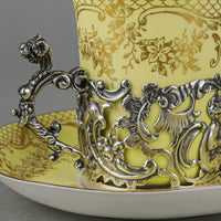 CROWN STAFFORDSHIRE & WM COMMYNS & SONS Egg Shell Cup & Saucer With Sterling Cup Holder