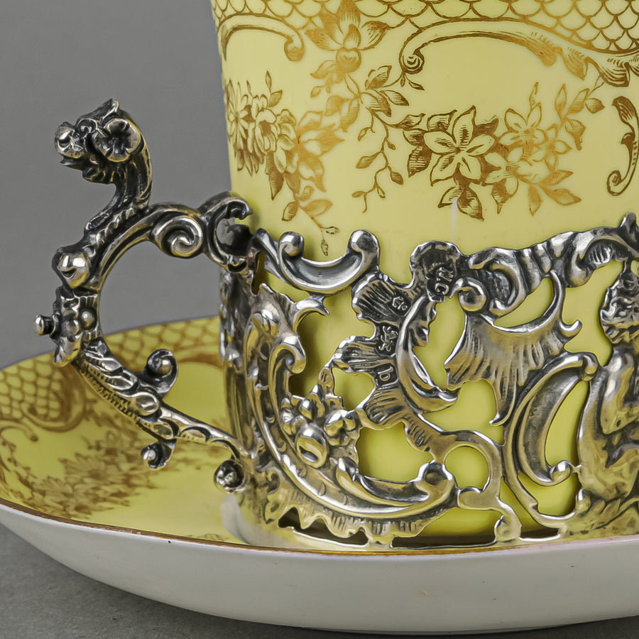CROWN STAFFORDSHIRE & WM COMMYNS & SONS Egg Shell Cup & Saucer With Sterling Cup Holder