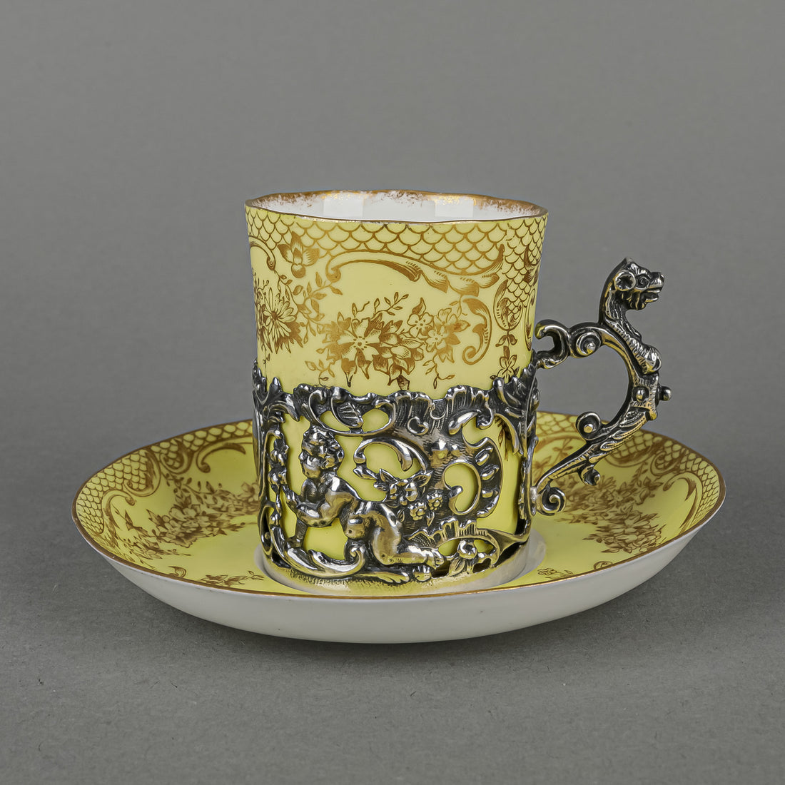 CROWN STAFFORDSHIRE & WM COMMYNS & SONS Egg Shell Cup & Saucer With Sterling Cup Holder