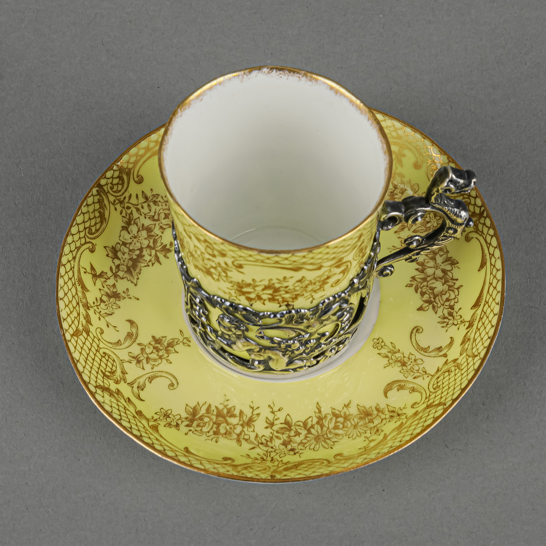 CROWN STAFFORDSHIRE & WM COMMYNS & SONS Egg Shell Cup & Saucer With Sterling Cup Holder