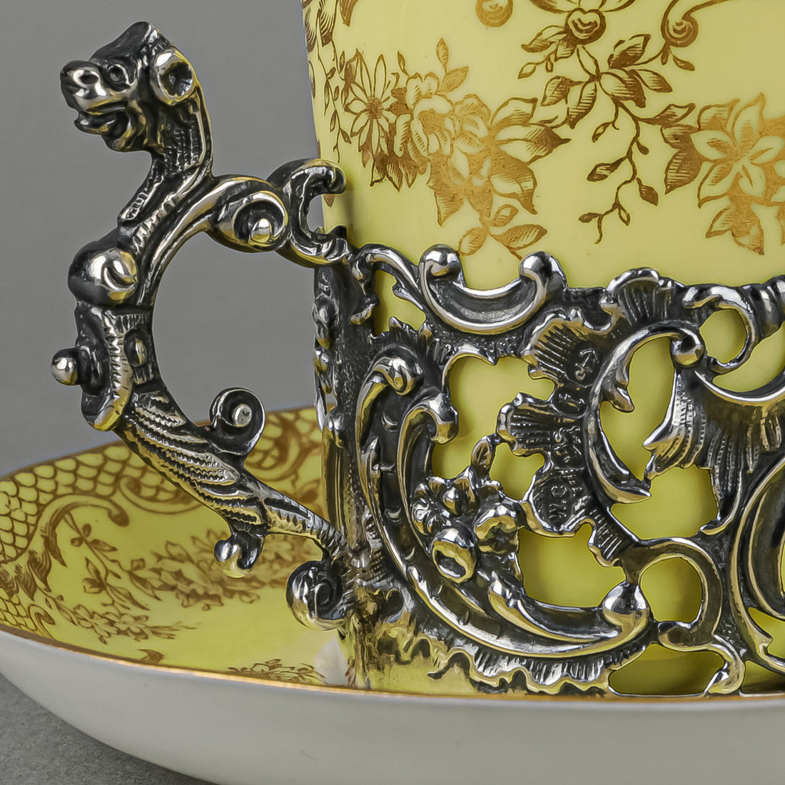 CROWN STAFFORDSHIRE & WM COMMYNS & SONS Egg Shell Cup & Saucer With Sterling Cup Holder