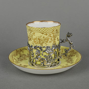 CROWN STAFFORDSHIRE & WM COMMYNS & SONS Egg Shell Cup & Saucer With Sterling Cup Holder