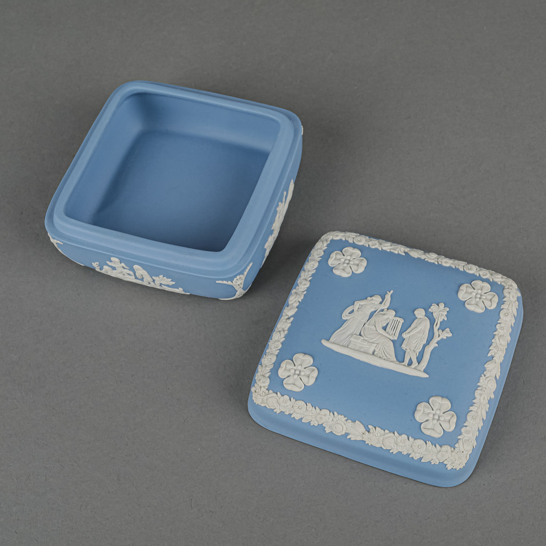 WEDGWOOD White On Blue Jasperware Square Covered Box