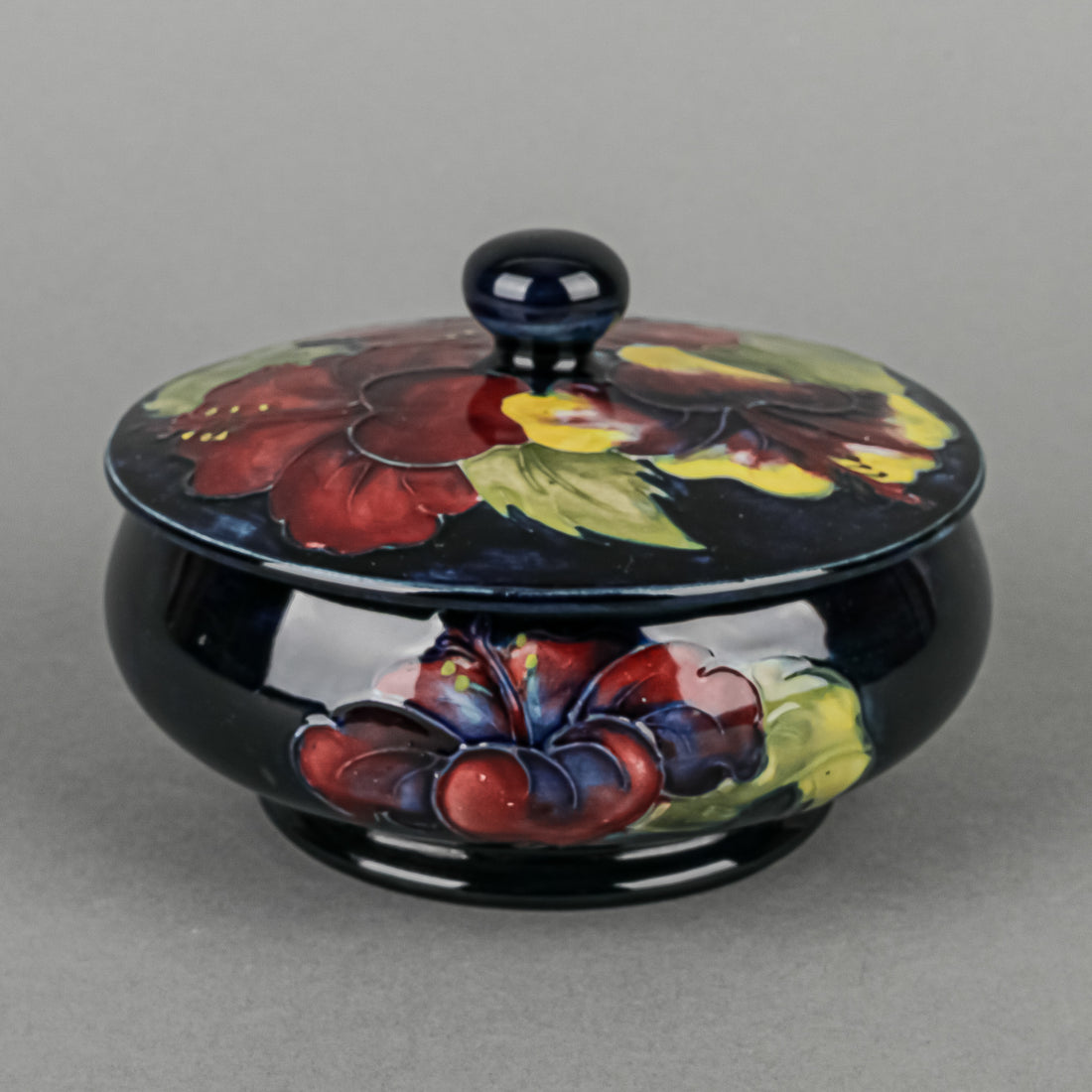 MOORCROFT Hibiscus Blue Ground Round Covered Bowl