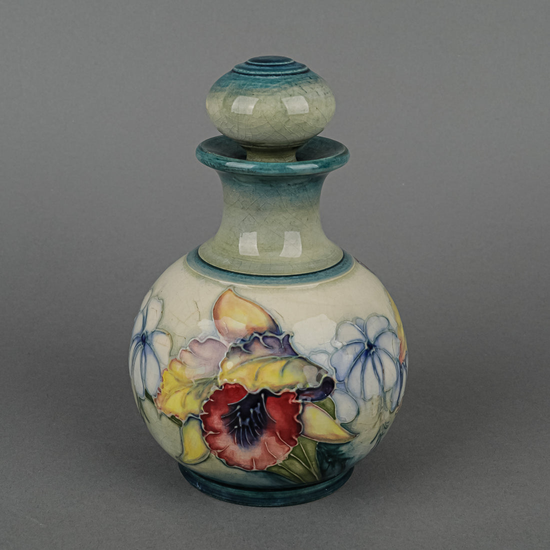 MOORCROFT Orchid Blue Green Ground Bottle And Stopper