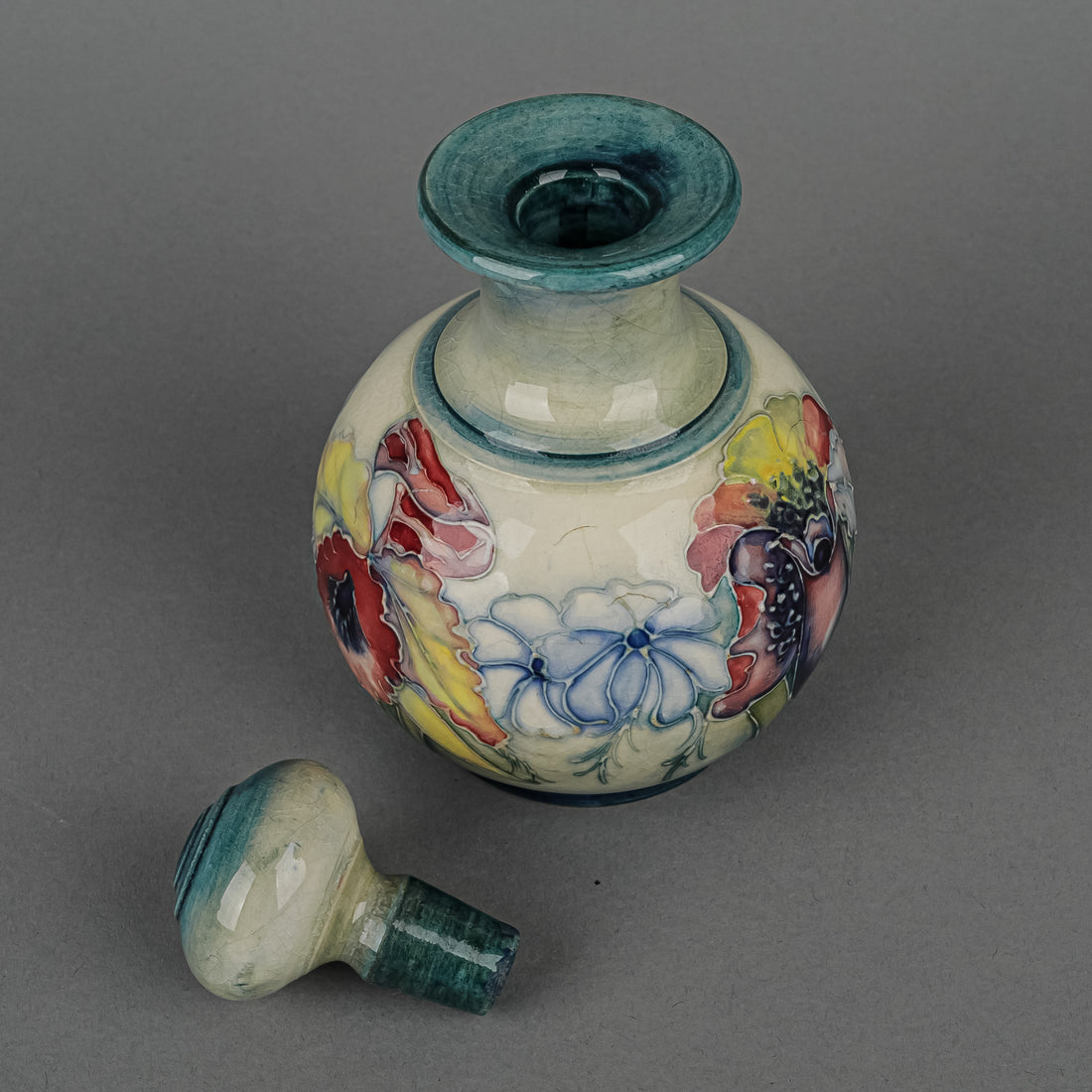 MOORCROFT Orchid Blue Green Ground Bottle And Stopper