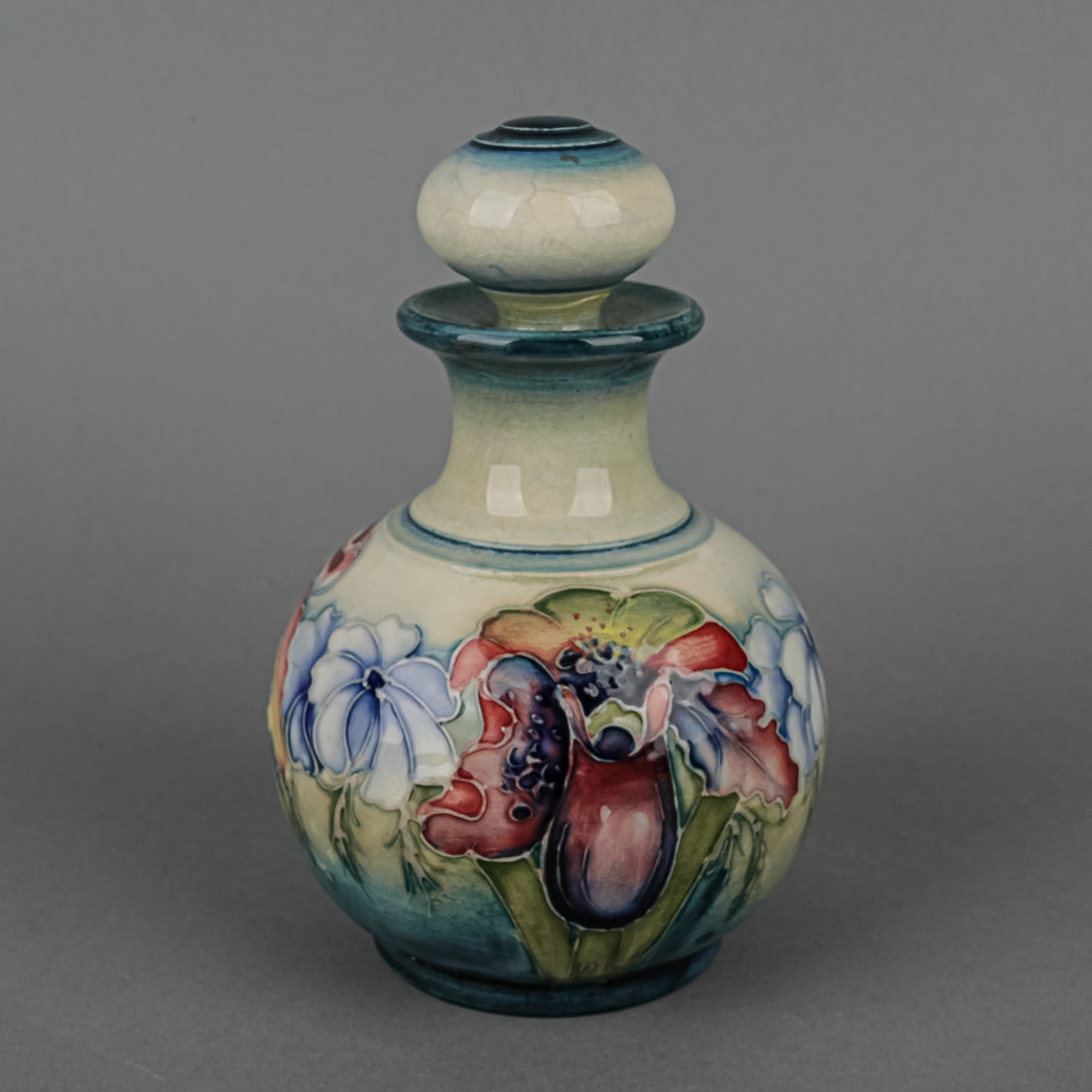 MOORCROFT Orchid Blue Green Ground Bottle And Stopper