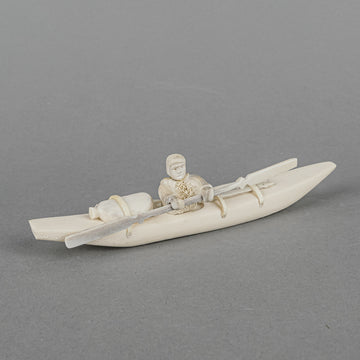 Inuit Carved Bone Figure Hunter In Kayak
