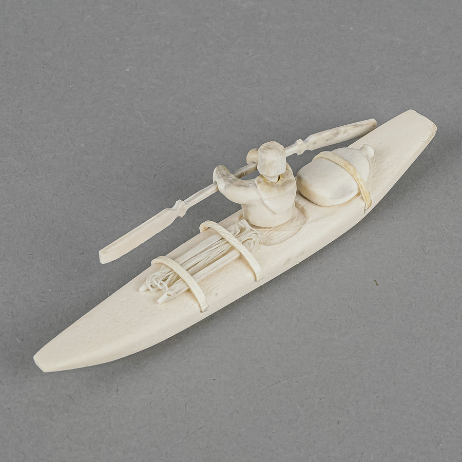 Inuit Carved Bone Figure Hunter In Kayak