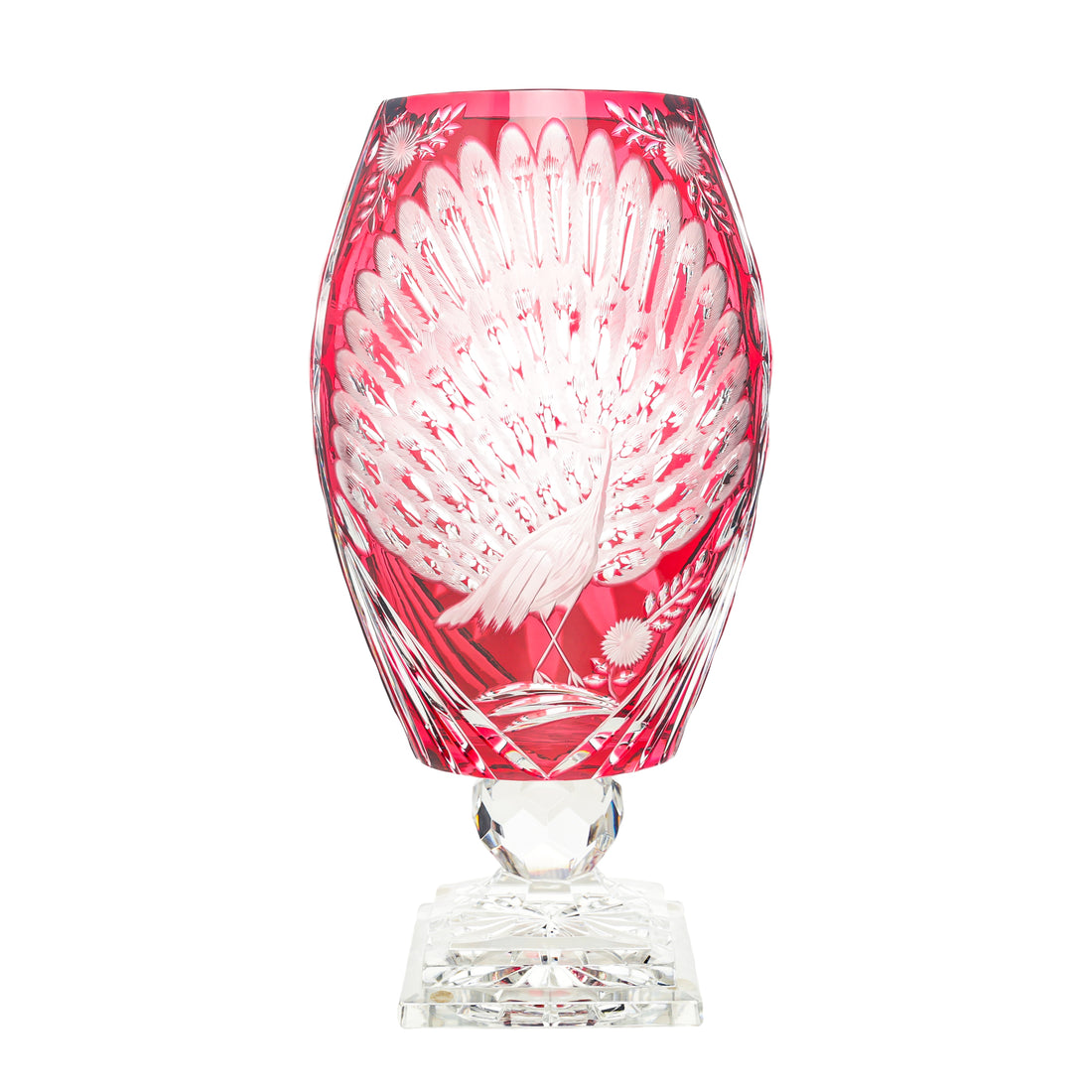 LORENZ BROS Red Cased Peacock Cut To Clear Footed Vase