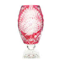 LORENZ BROS Red Cased Peacock Cut To Clear Footed Vase