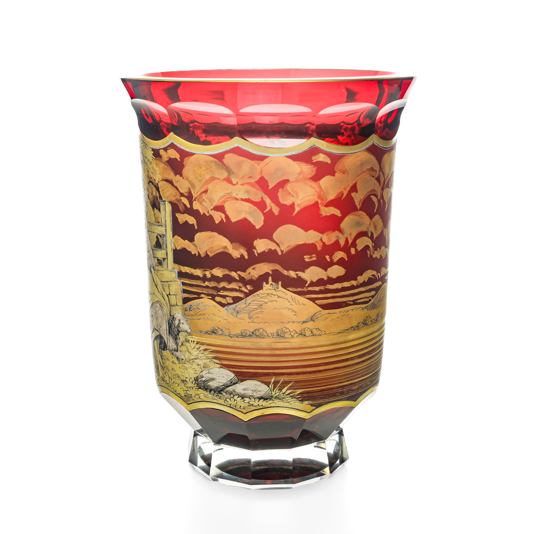BOHEMIA  Crystal Vase w/ Hand Painted Gold Painting  Courting Scene