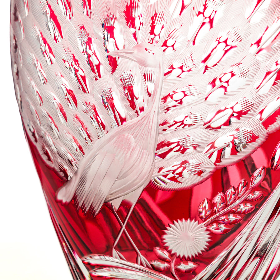 LORENZ BROS Red Cased Peacock Cut To Clear Footed Vase