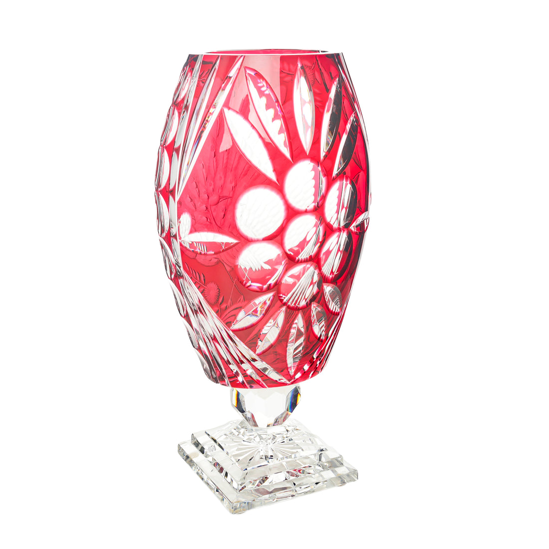 LORENZ BROS Red Cased Peacock Cut To Clear Footed Vase