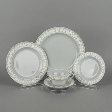 WEDGWOOD White On Grey Embossed Queens Ware 6 Place Settings Plus Extras