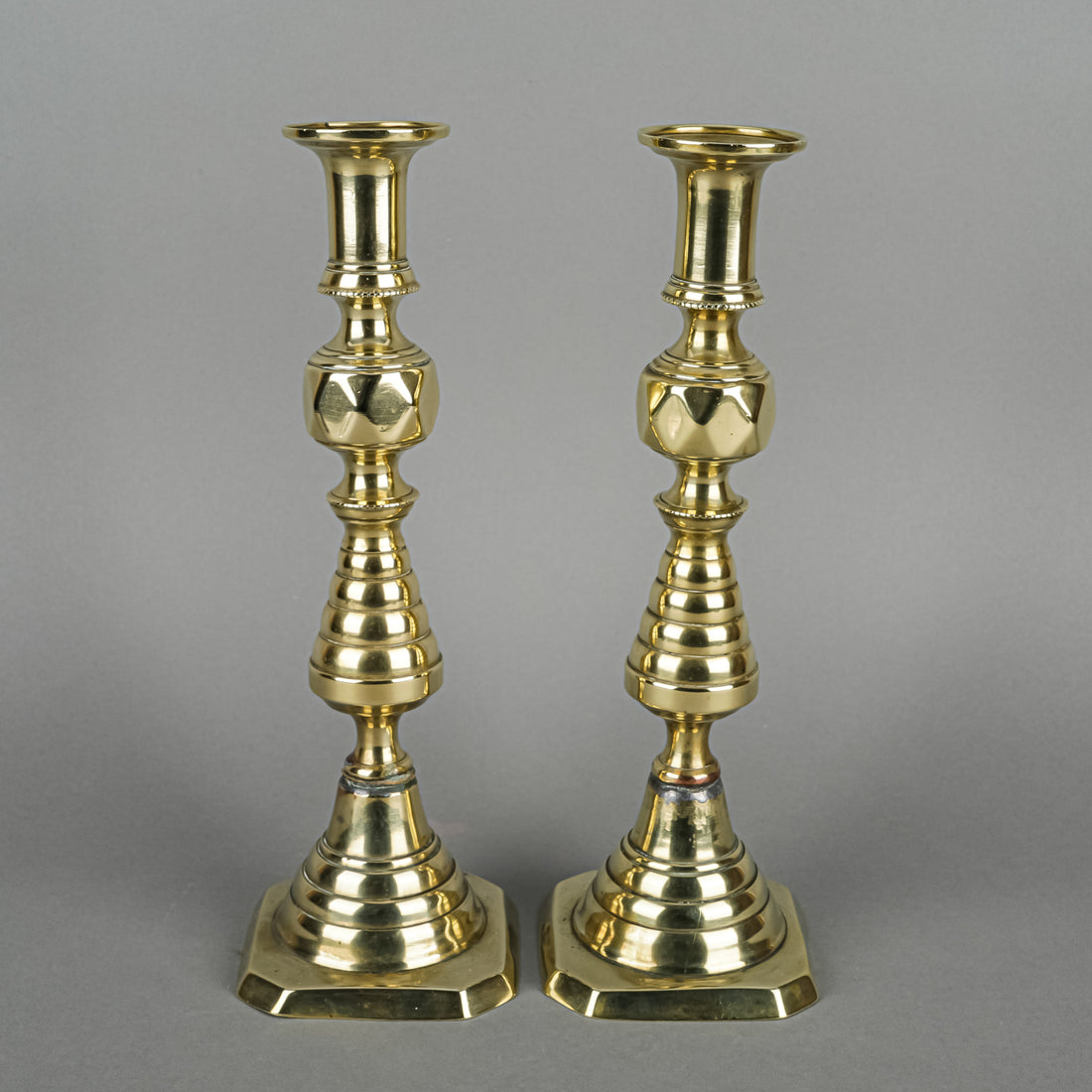 JAMES CLEWS & SONS Antique Beehive Brass Candlesticks Set of 2
