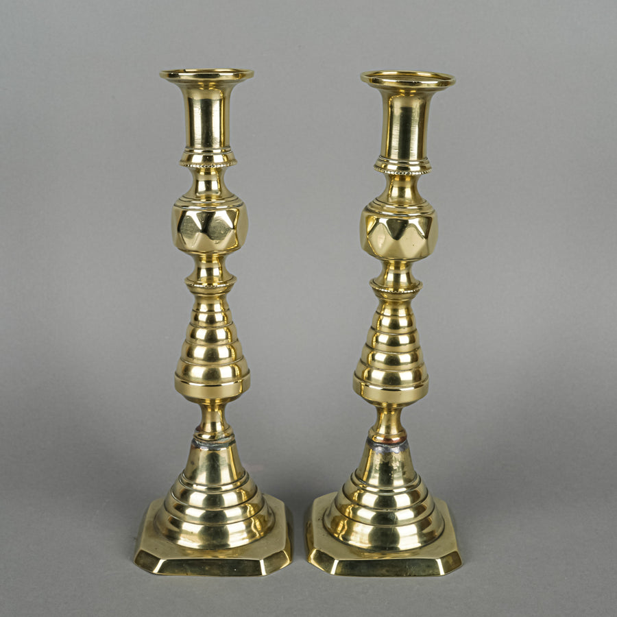 JAMES CLEWS & SONS Antique Beehive Brass Candlesticks Set of 2