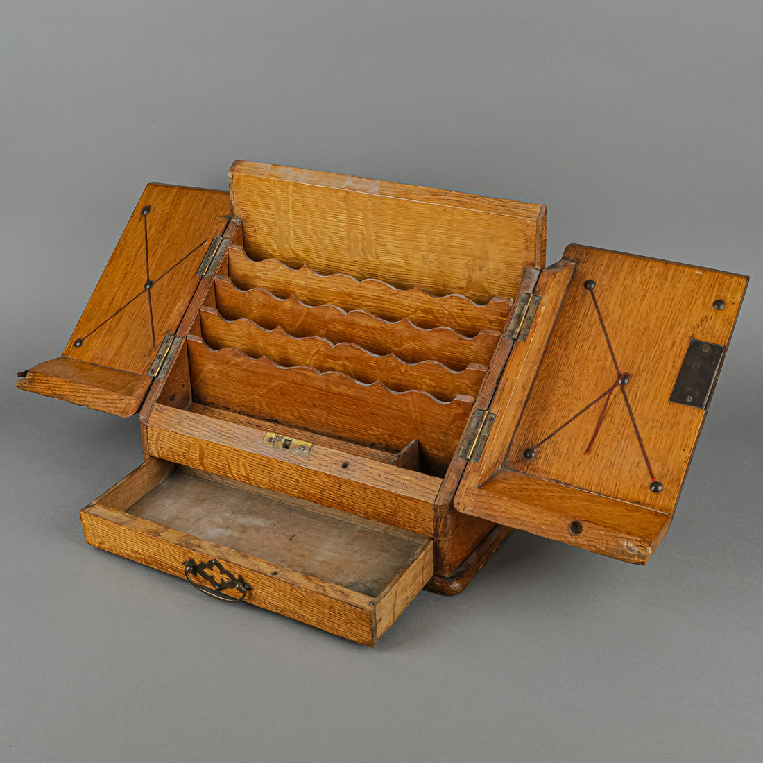 Vintage Oak Wood Fold Out Letter Box With Drawer