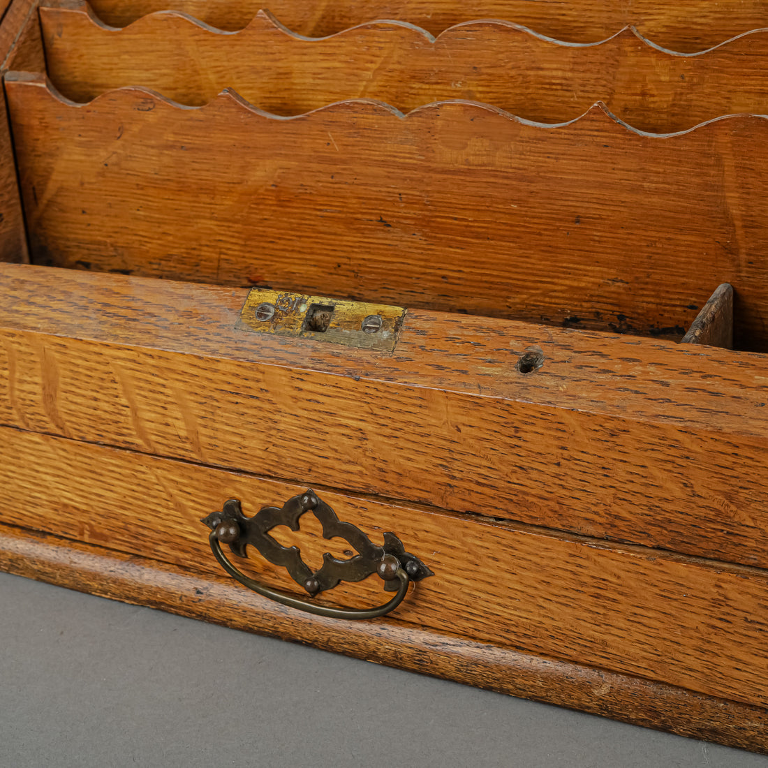 Vintage Oak Wood Fold Out Letter Box With Drawer