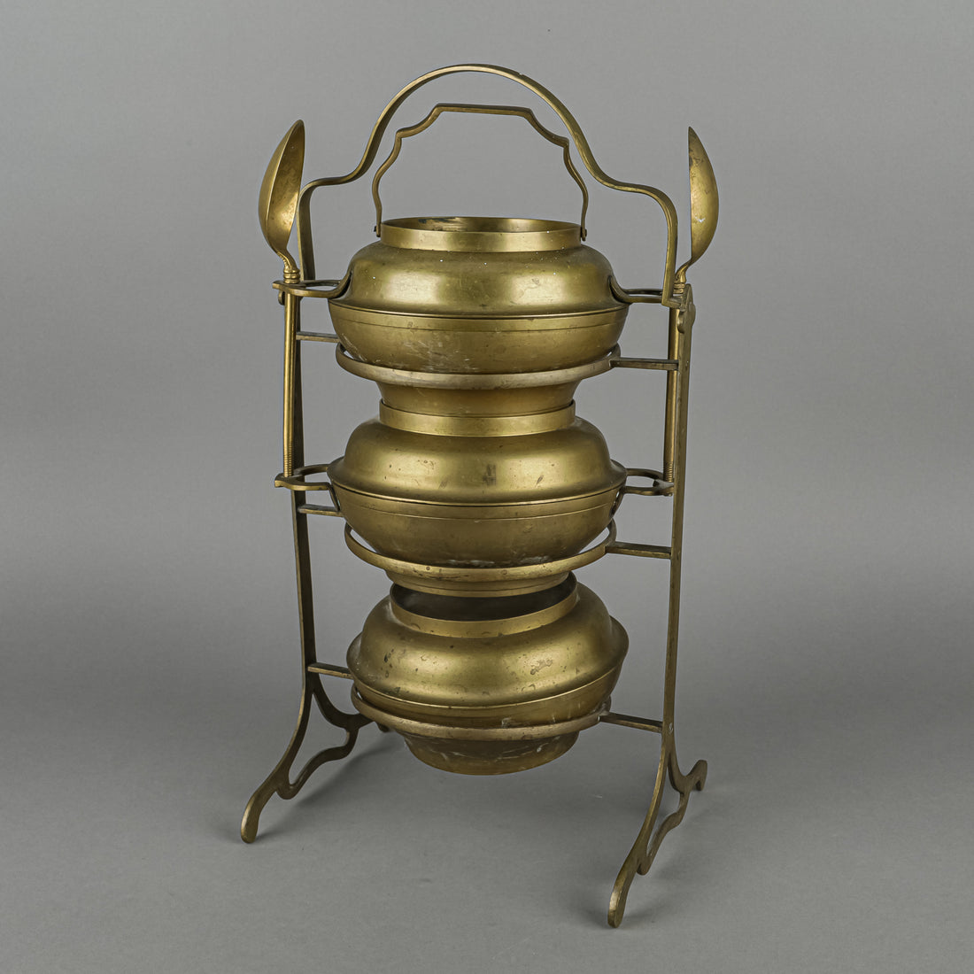Asian Brass Tiffin Box With 3 Lidded Bowls,2 Spoons & Stand