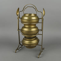 Asian Brass Tiffin Box With 3 Lidded Bowls,2 Spoons & Stand