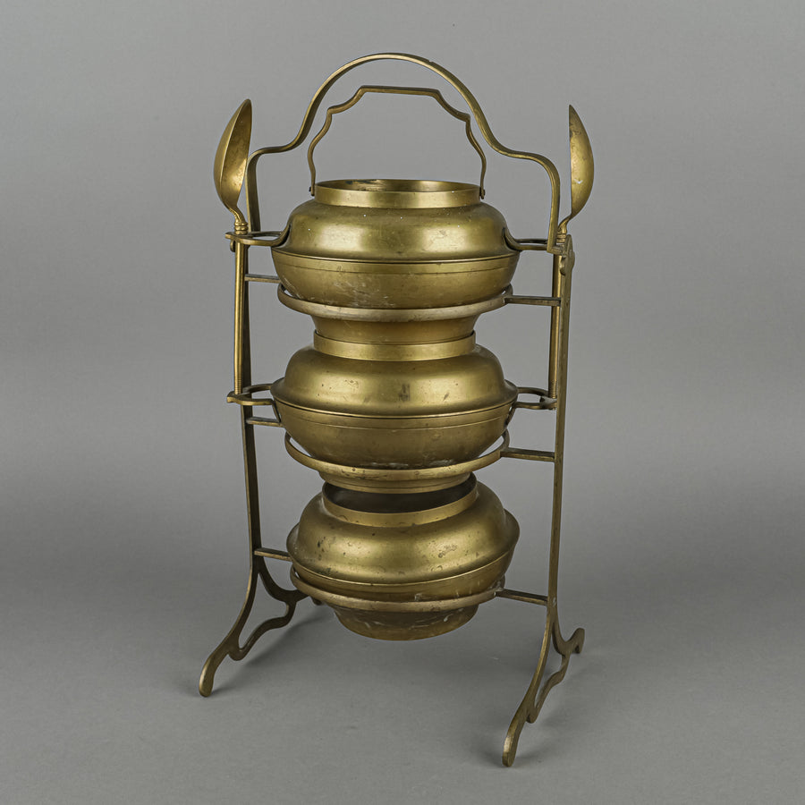 Asian Brass Tiffin Box With 3 Lidded Bowls,2 Spoons & Stand