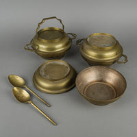Asian Brass Tiffin Box With 3 Lidded Bowls,2 Spoons & Stand