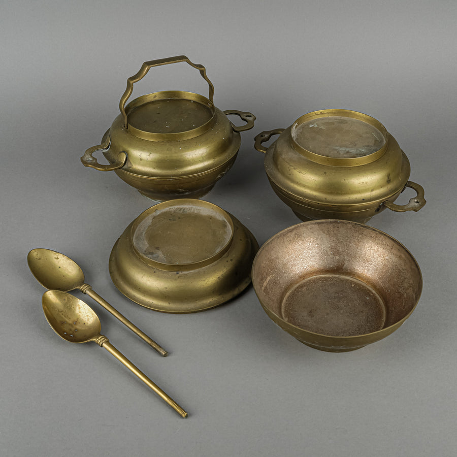 Asian Brass Tiffin Box With 3 Lidded Bowls,2 Spoons & Stand