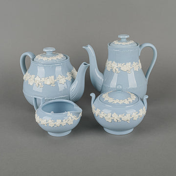 WEDGWOOD White On Blue Embossed Queens Ware Tea & Coffee Service