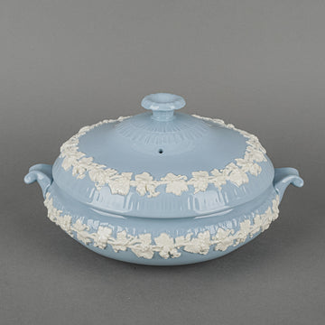 WEDGWOOD White On Blue Embossed Queens Ware Round Covered Serving