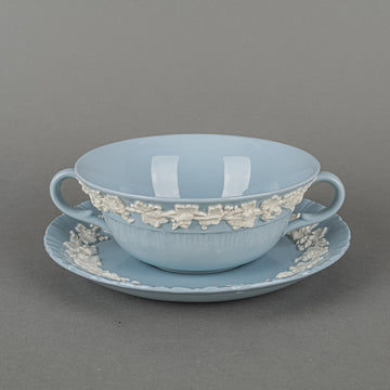 WEDGWOOD White On Blue Embossed Queens Ware Cream Soup & Saucers
