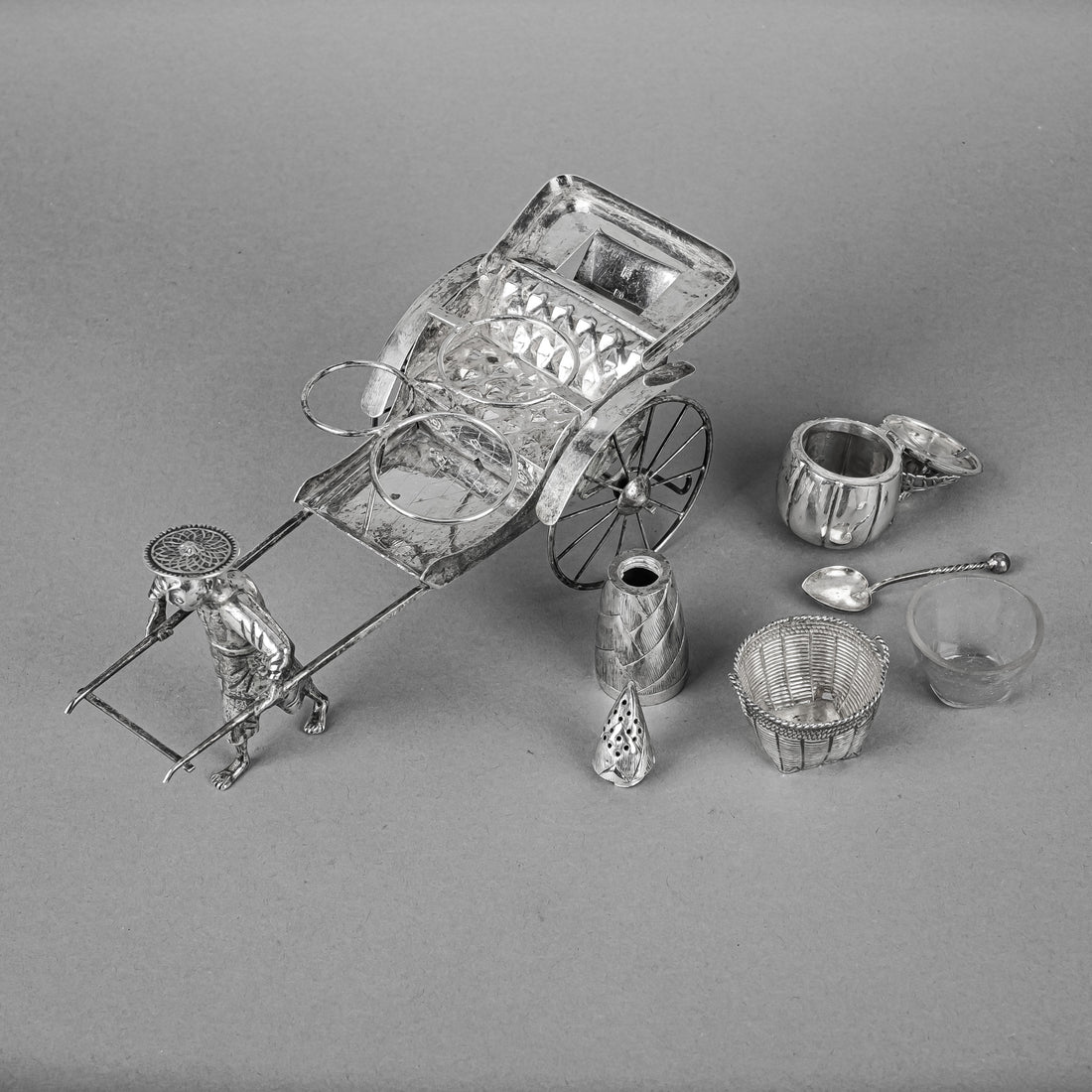 Chinese Export Silver Rickshaw Condiment Set