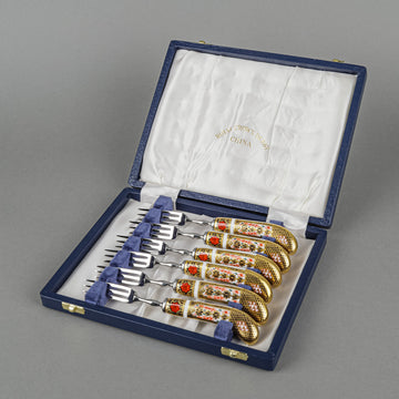 ROYAL CROWN DERBY Old Imari 1128 Ceramic Handle Stainless Steel Pastry Forks Set Of 6