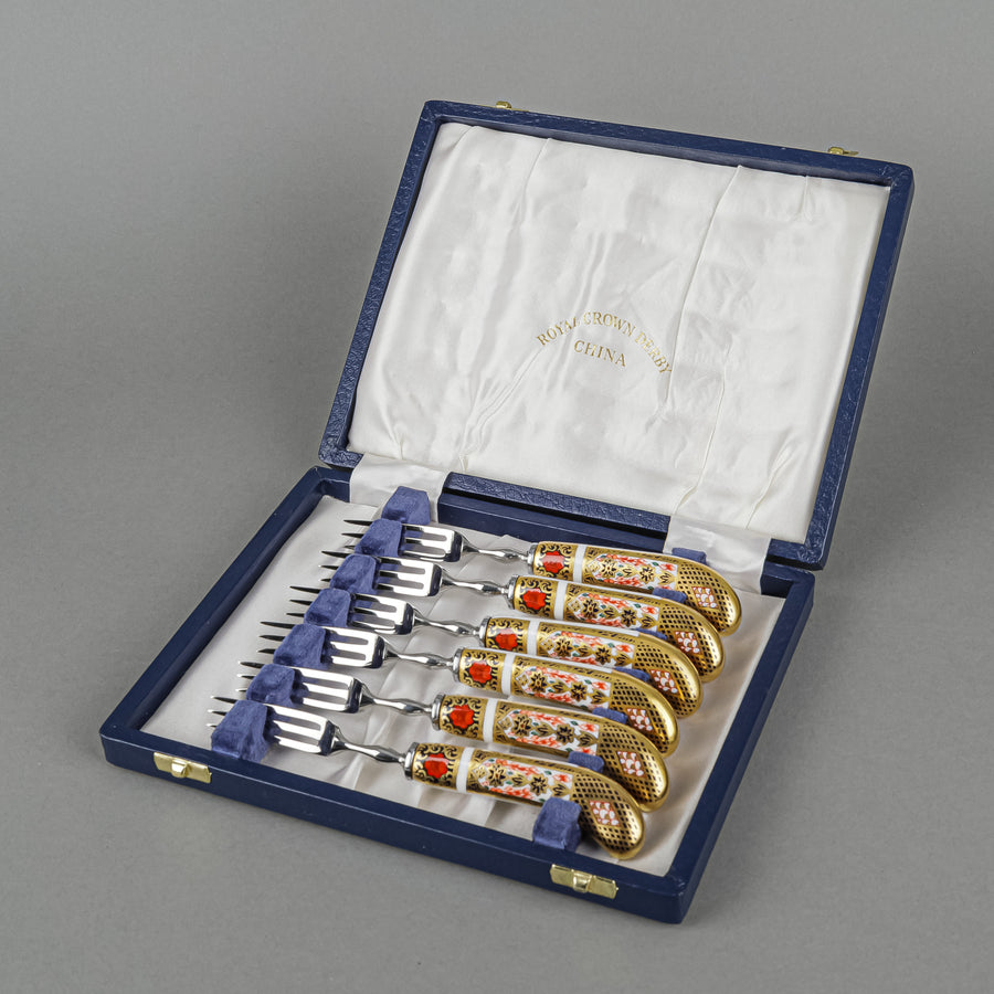 ROYAL CROWN DERBY Old Imari 1128 Ceramic Handle Stainless Steel Pastry Forks Set Of 6