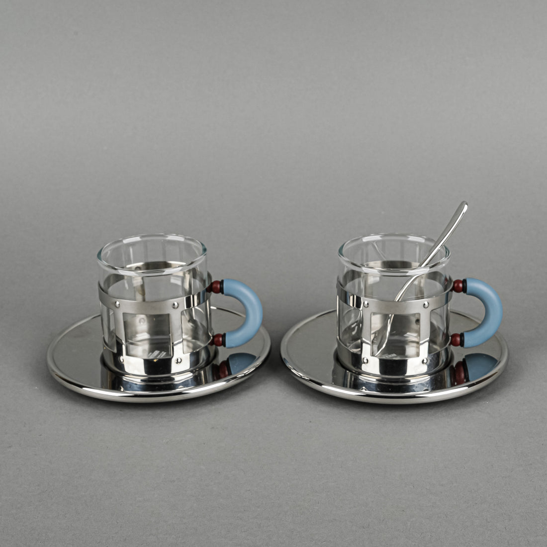 ALESSI Michael Graves Stainless Steel & Glass Espresso Cups & Saucers