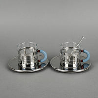 ALESSI Michael Graves Stainless Steel & Glass Espresso Cups & Saucers