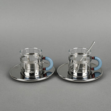 ALESSI Michael Graves Stainless Steel & Glass Espresso Cups & Saucers
