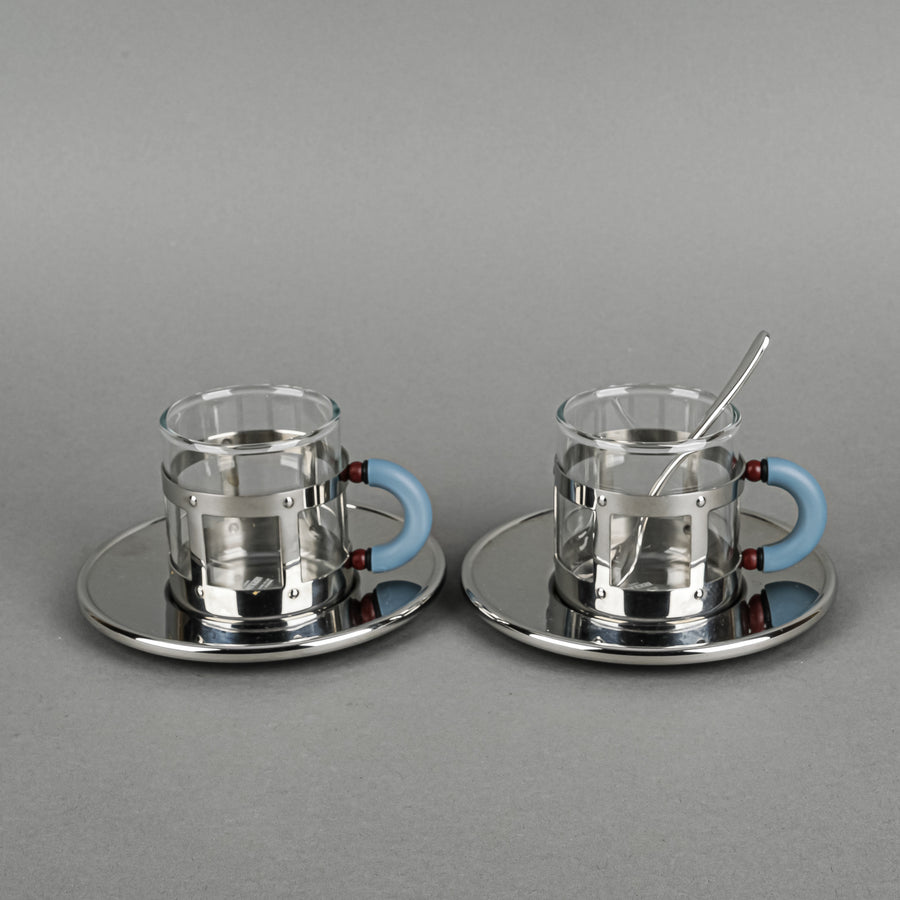 ALESSI Michael Graves Stainless Steel & Glass Espresso Cups & Saucers