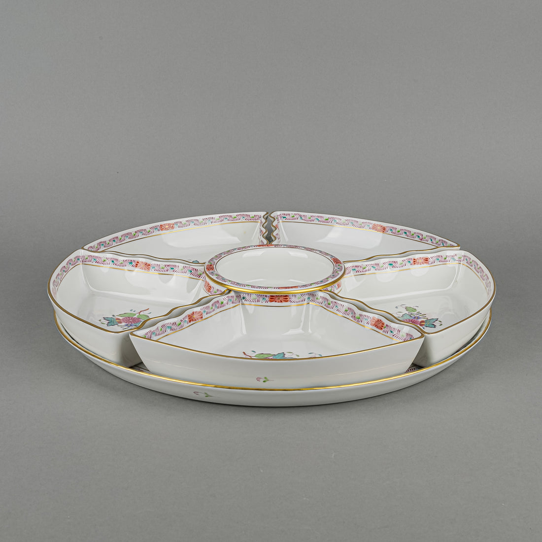 HEREND Chinese Bouquet 7 Piece Hors D'oeuvre Dish Set