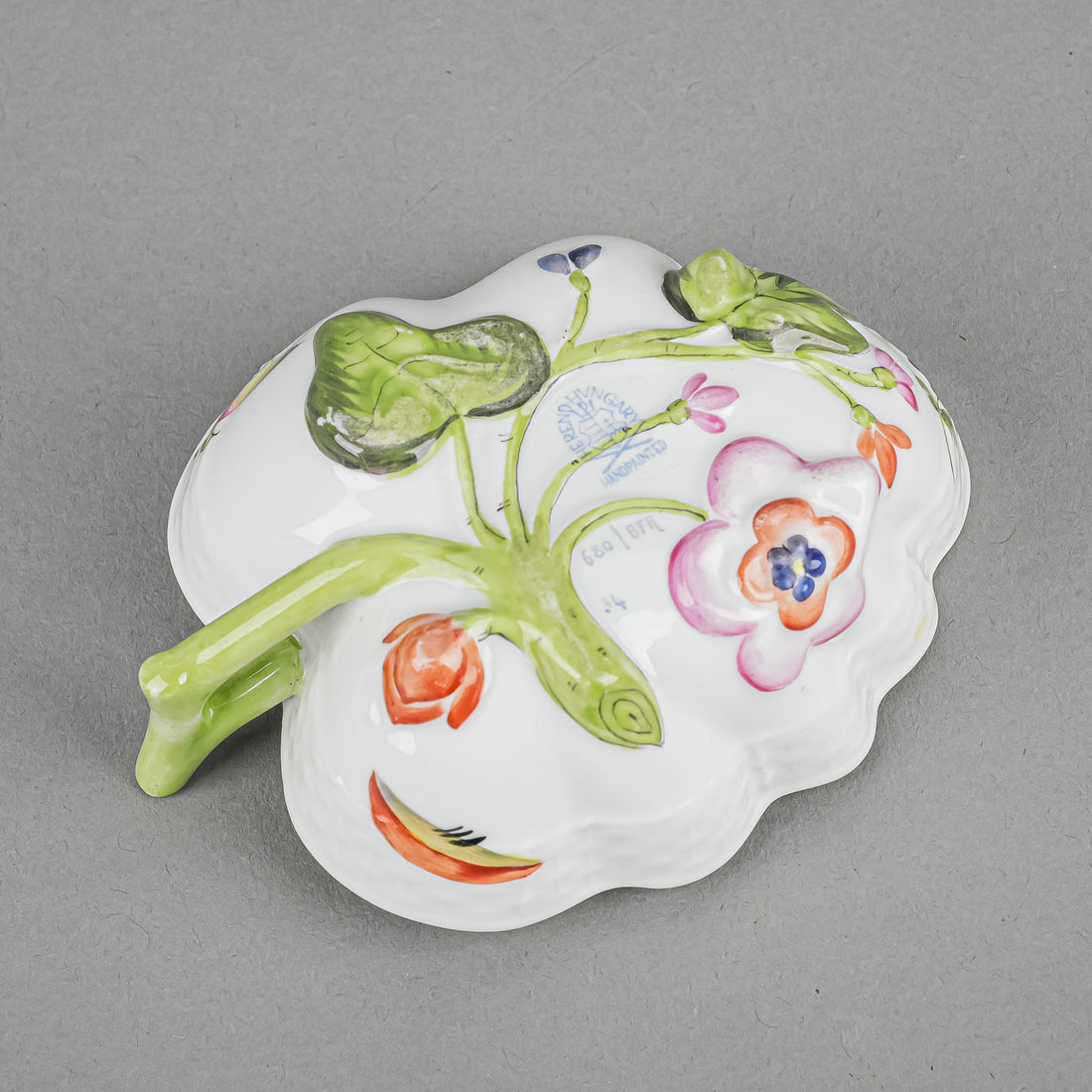 HEREND Fruits & Flowers Leaf Shaped Sugar Bowl
