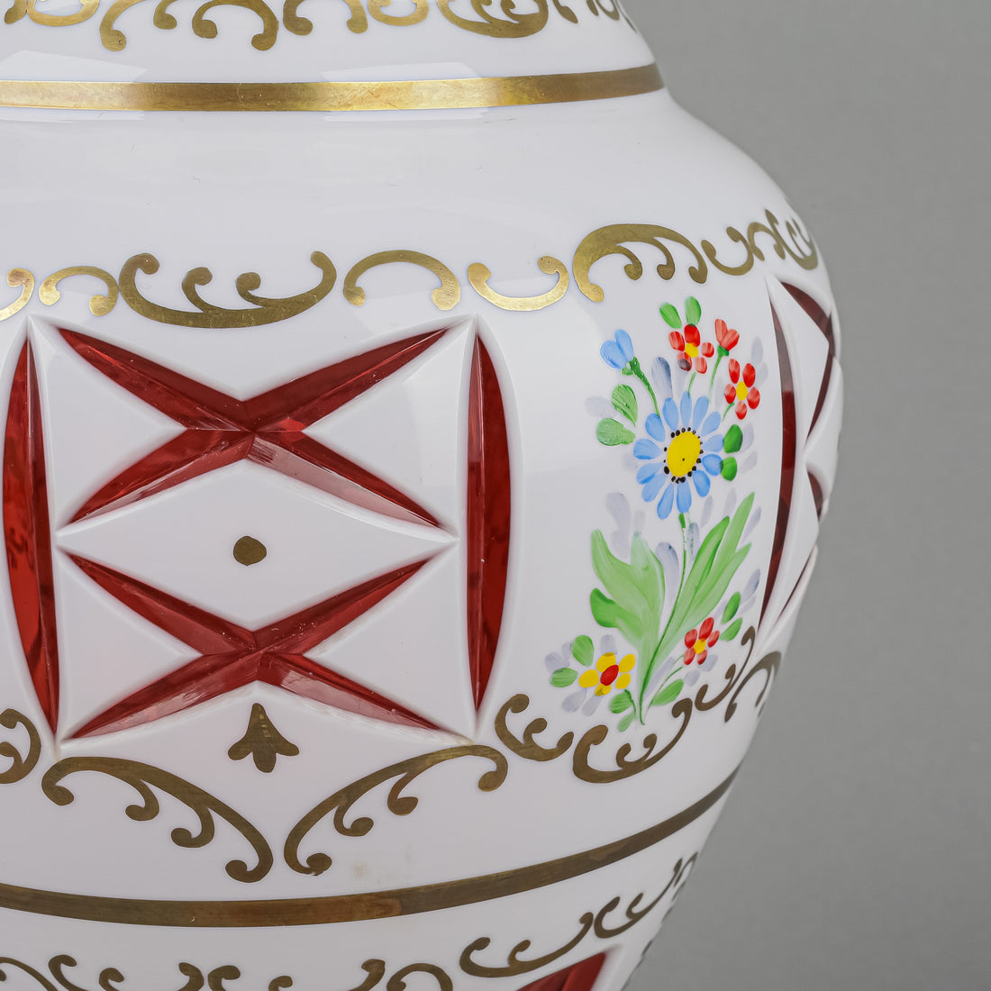 Vintage Hand Painted White Cased Red Cut To Clear Baluster Vase