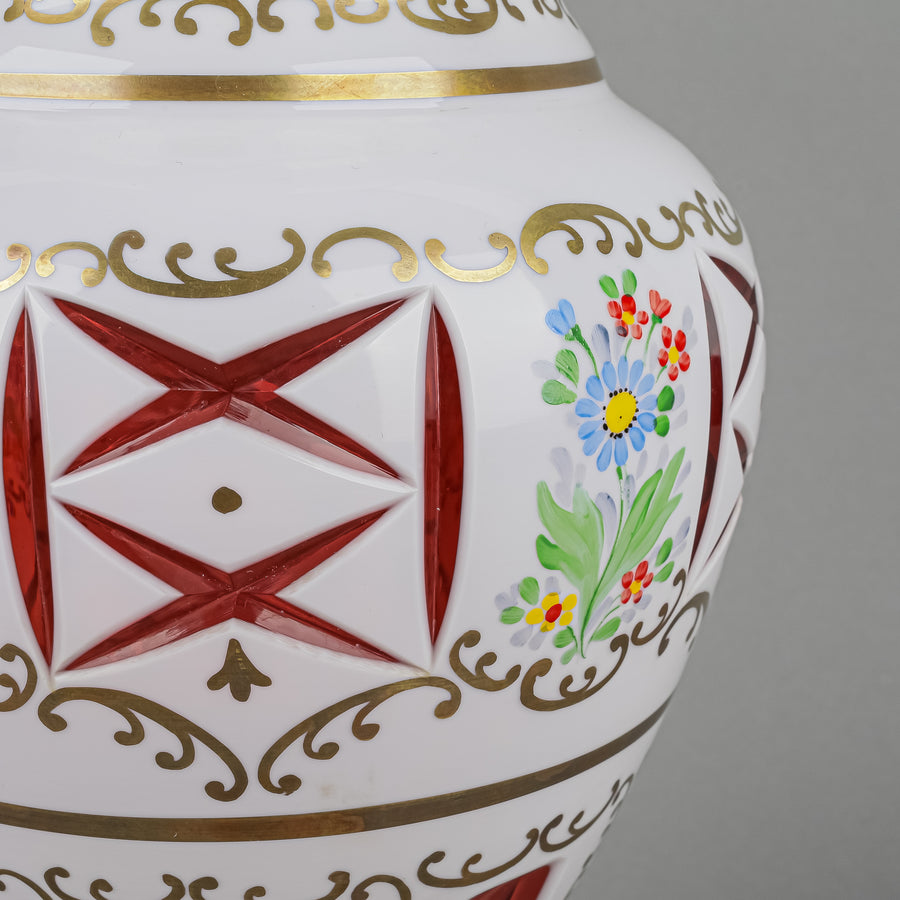 Vintage Hand Painted White Cased Red Cut To Clear Baluster Vase